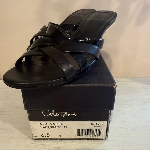 Cole Haan Air Alina Slide Black Patent Low Heel Sandals Size 6.5 in Box - Picture 3 of 9